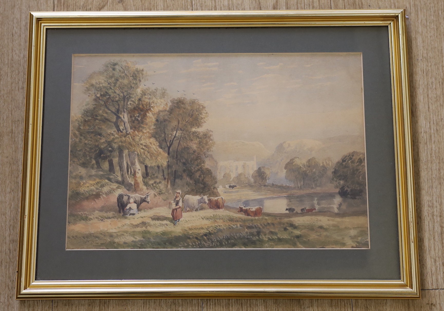 David Cox, O.W.S, (1783-1859), watercolour, Cattle maids in a landscape with abbey ruins beyond, signed, 25 x 37cm